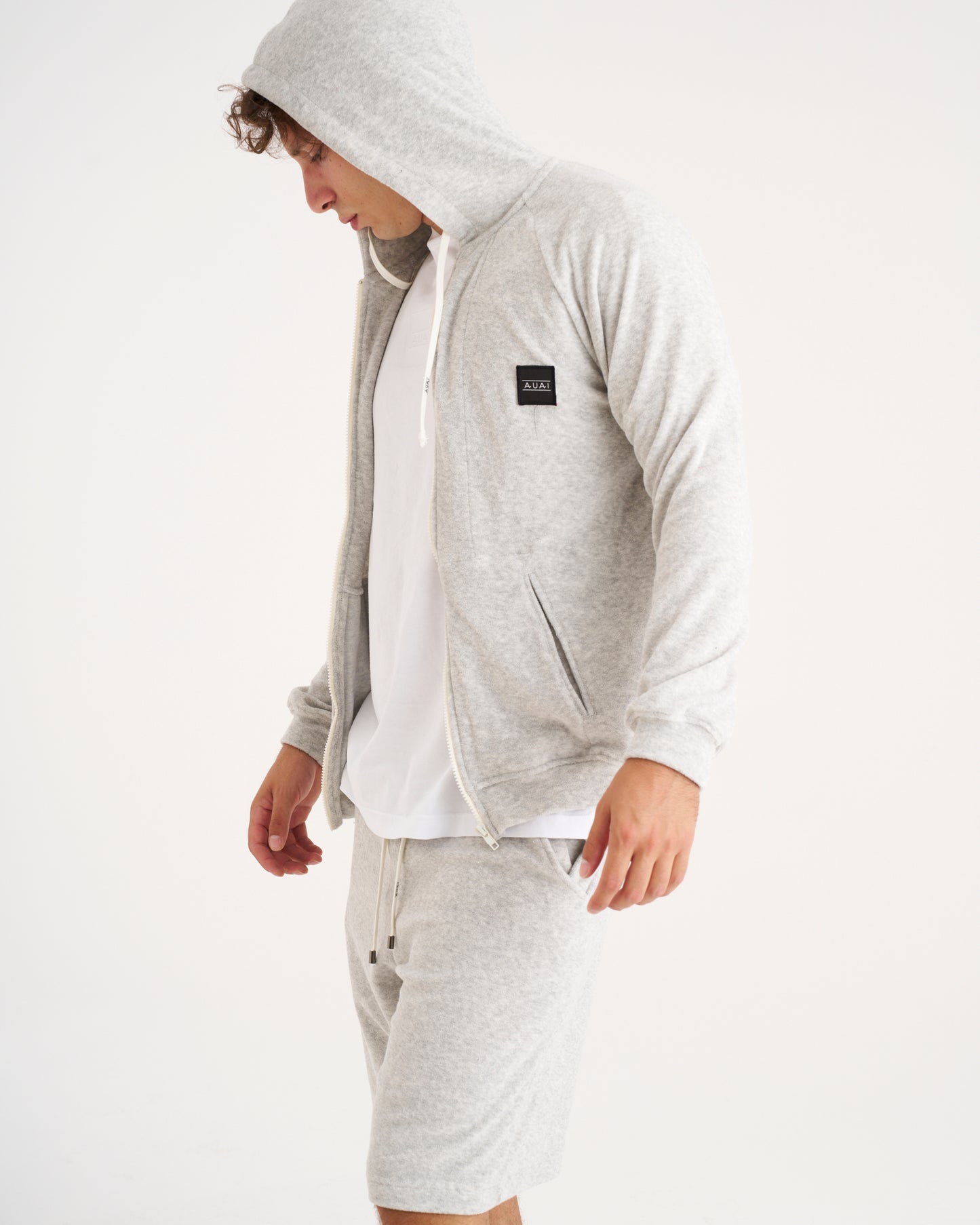 Felpa Zip in Spugna con Cappuccio Ash Grey
