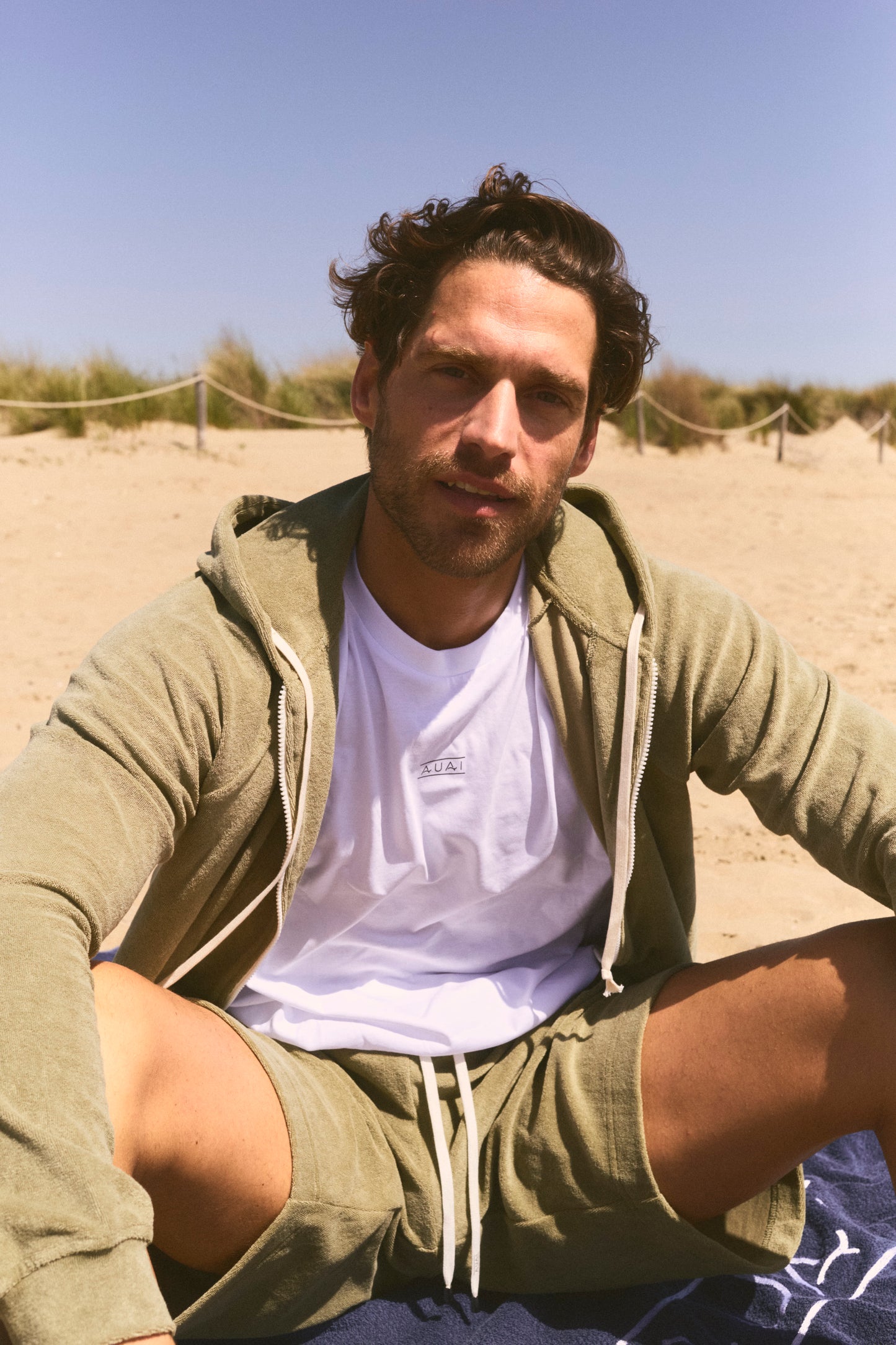 Felpa Zip in Spugna con Cappuccio Olive Green