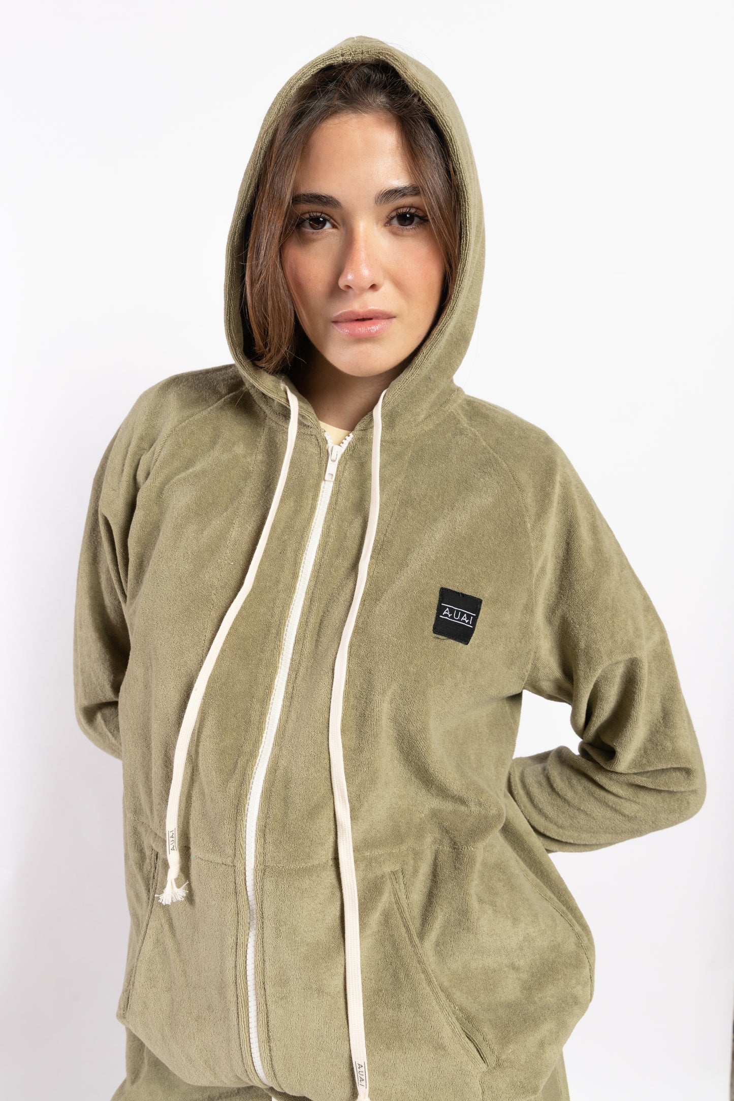 Felpa Zip in Spugna con Cappuccio Olive Green