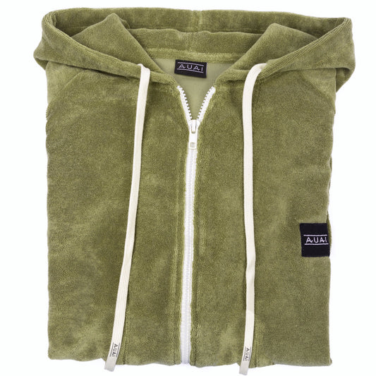 Felpa Zip in Spugna con Cappuccio Olive Green