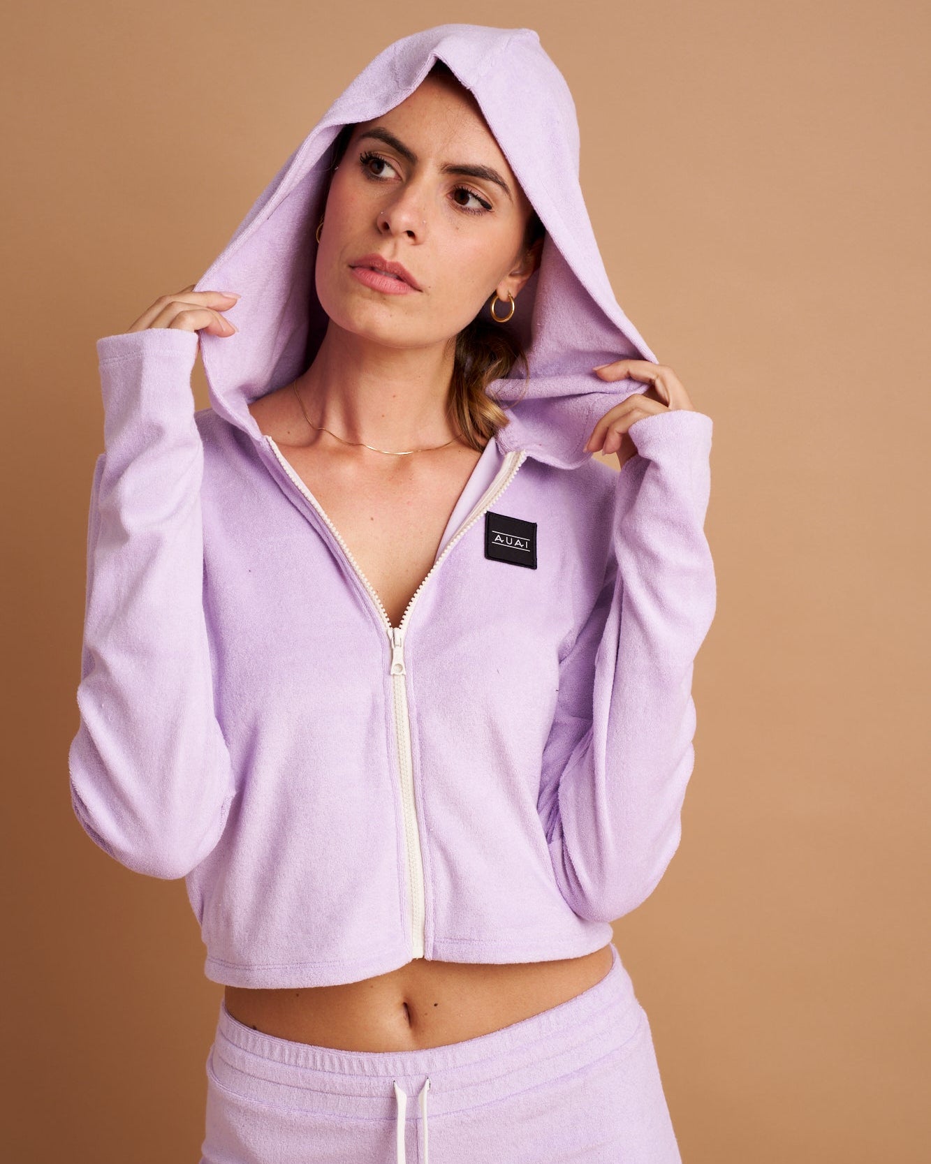 Felpa Zip Crop con Cappuccio in Spugna