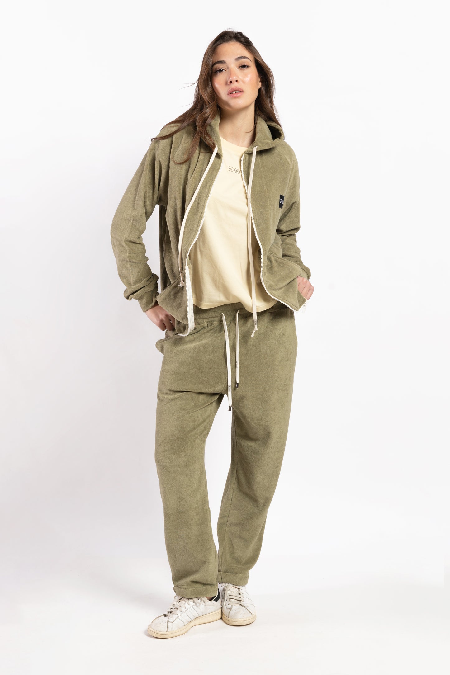 Felpa Zip in Spugna con Cappuccio Olive Green