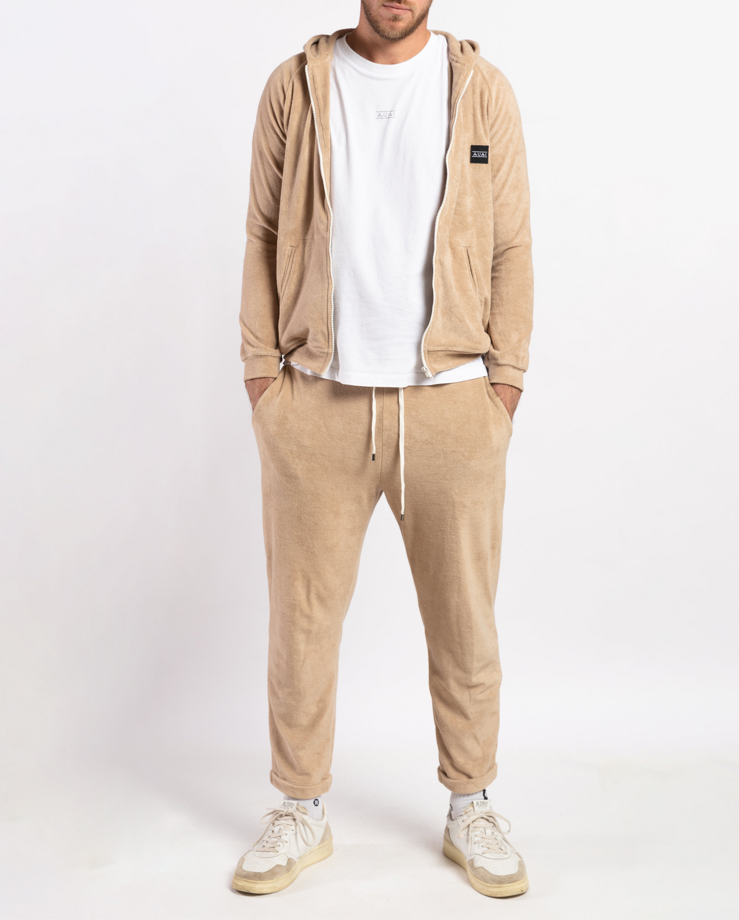 Felpa Zip in Spugna con Cappuccio Desert Beige