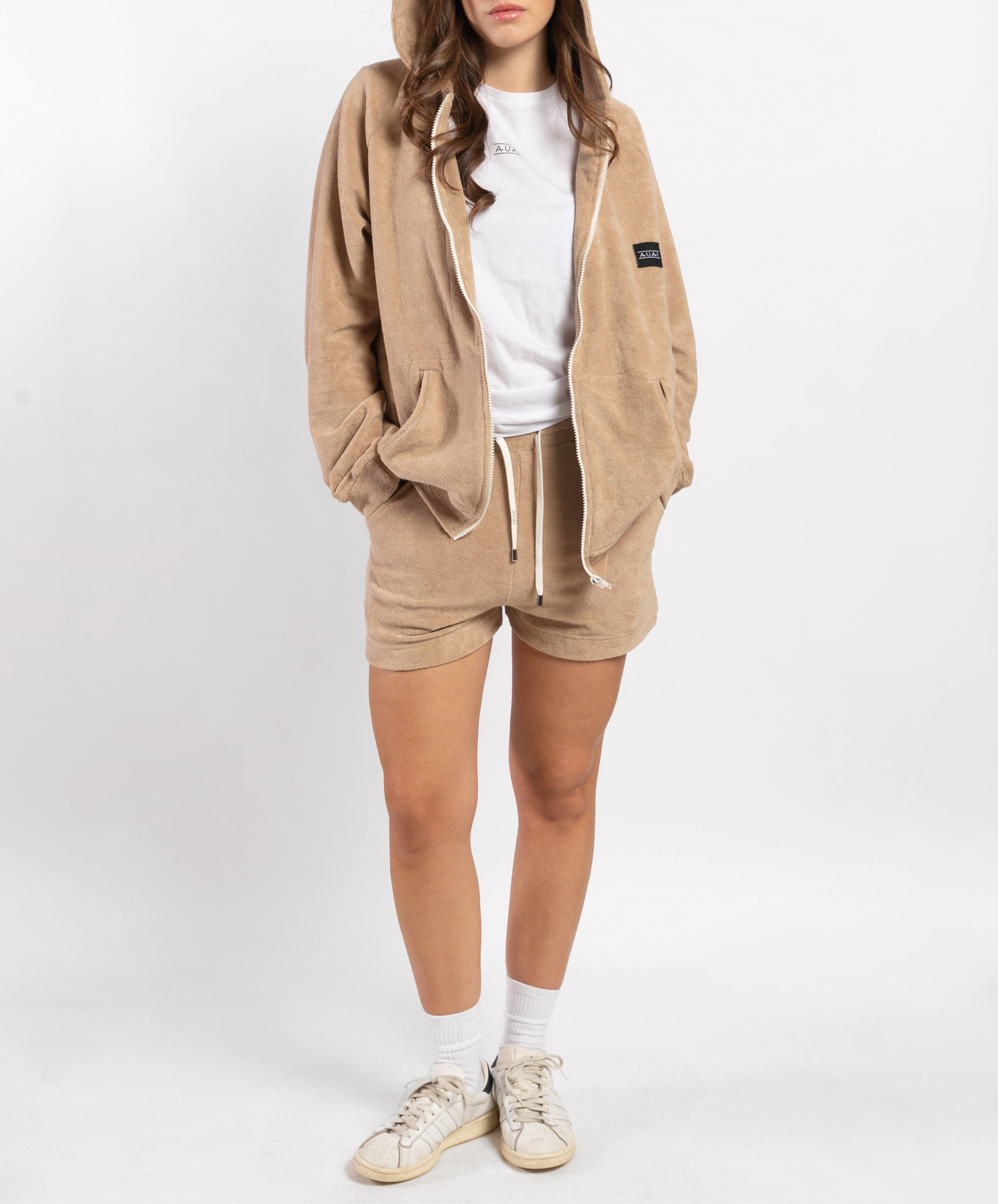 Felpa Zip in Spugna con Cappuccio Desert Beige