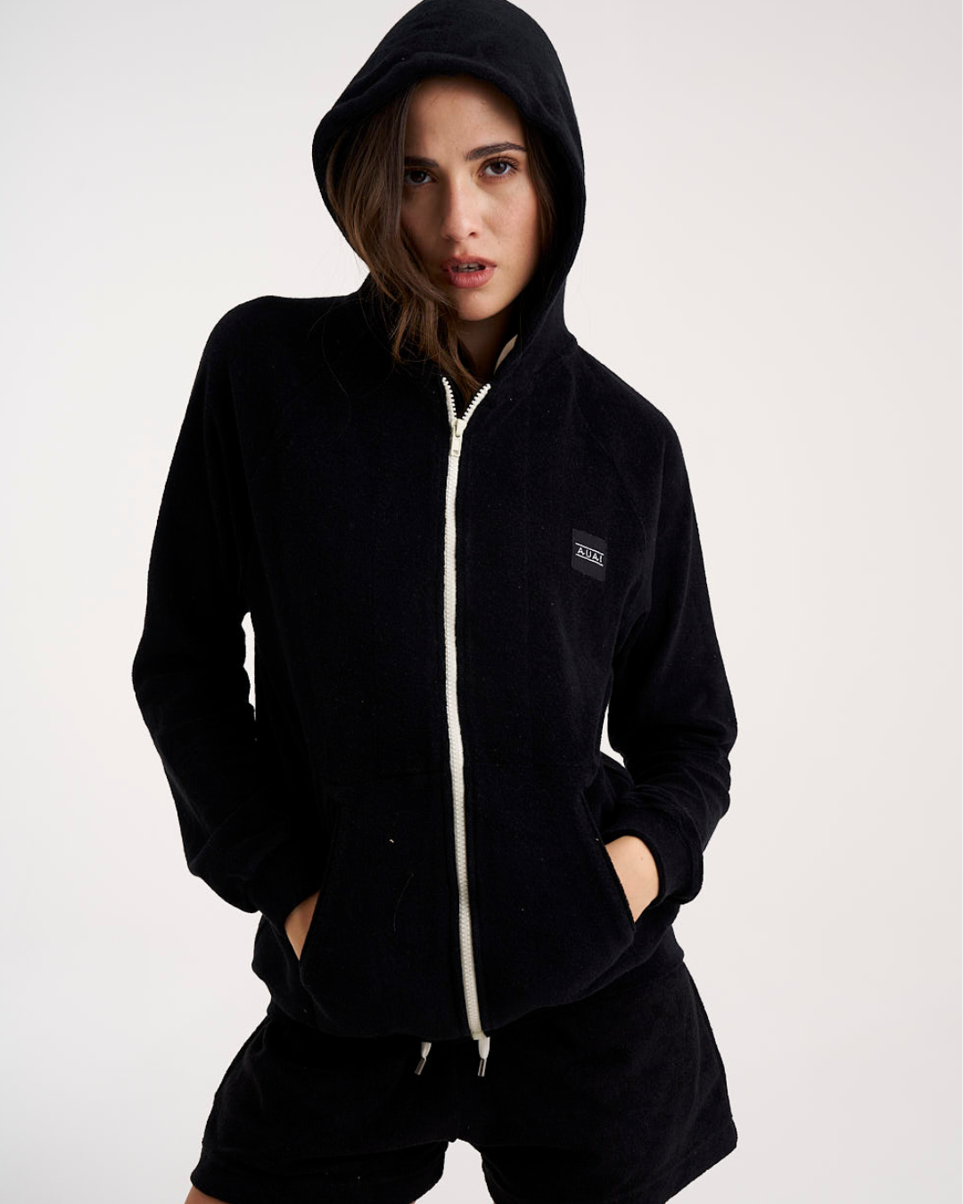 Felpa Zip in Spugna con Cappuccio