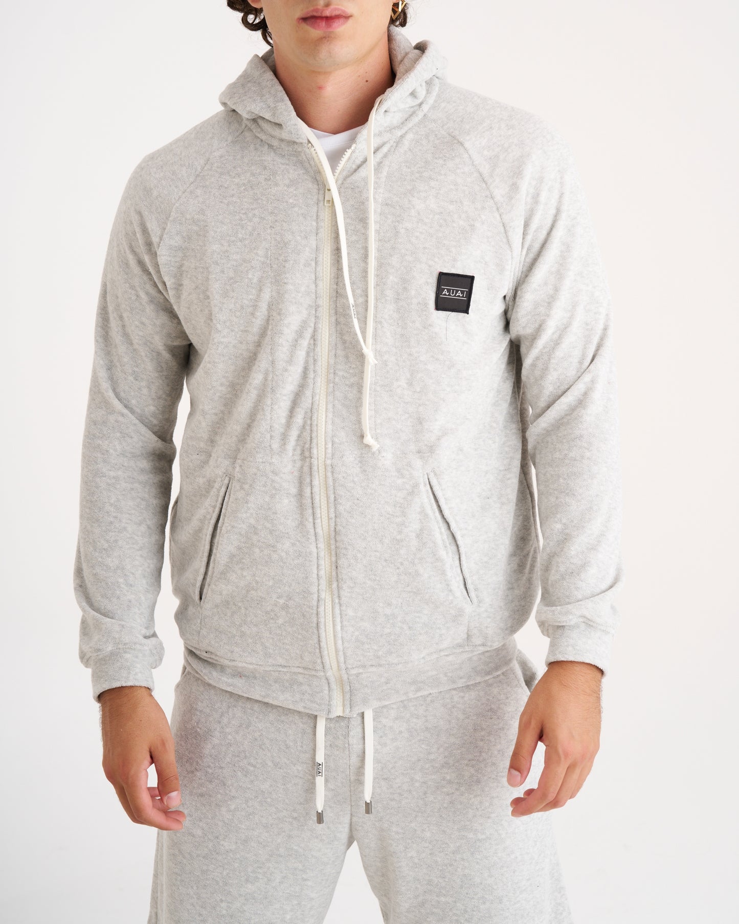 Felpa Zip in Spugna con Cappuccio Ash Grey