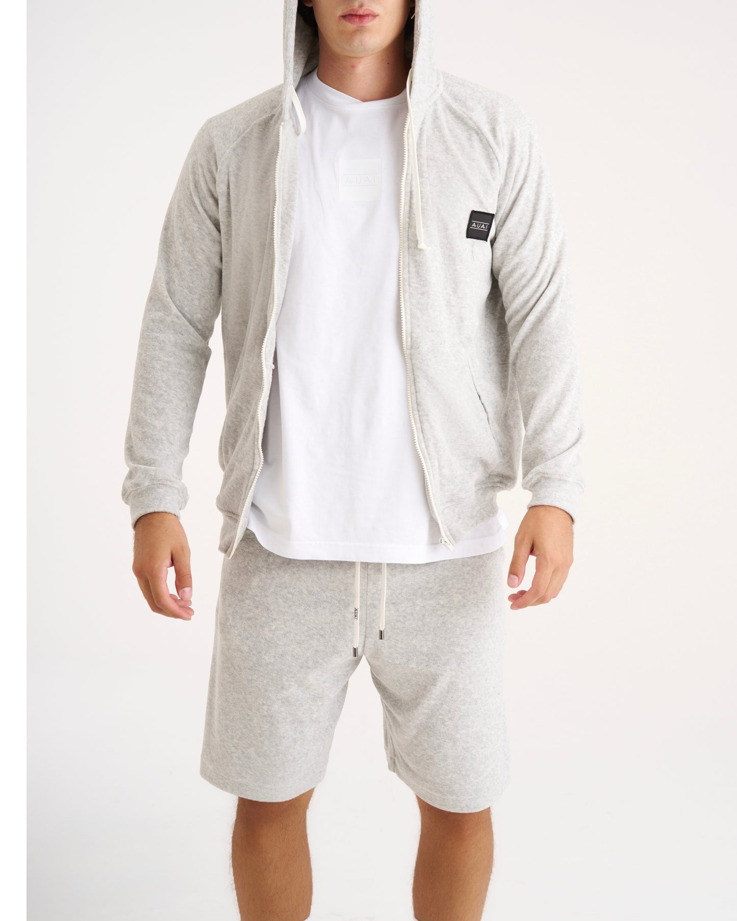 Felpa Zip in Spugna con Cappuccio Ash Grey