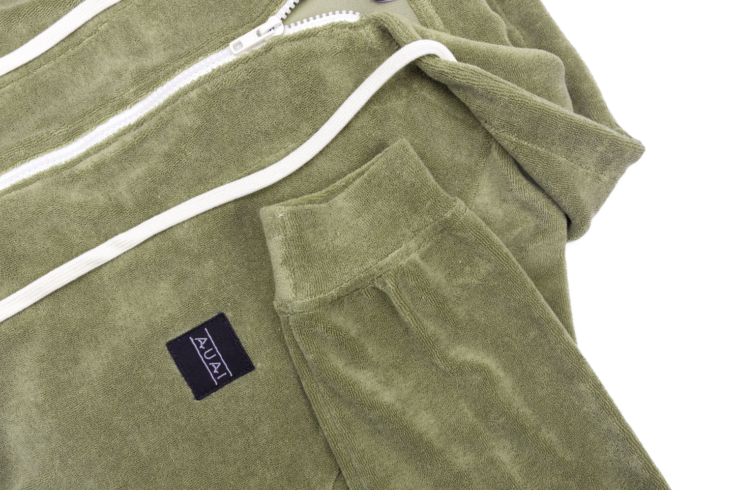 Felpa Zip in Spugna con Cappuccio Olive Green