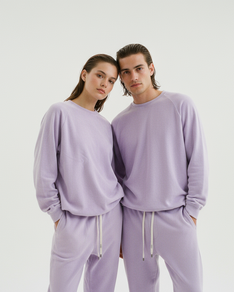 Vestibilità uomo e donna pantalone tuta AUAI in spugna organica – colore liliac